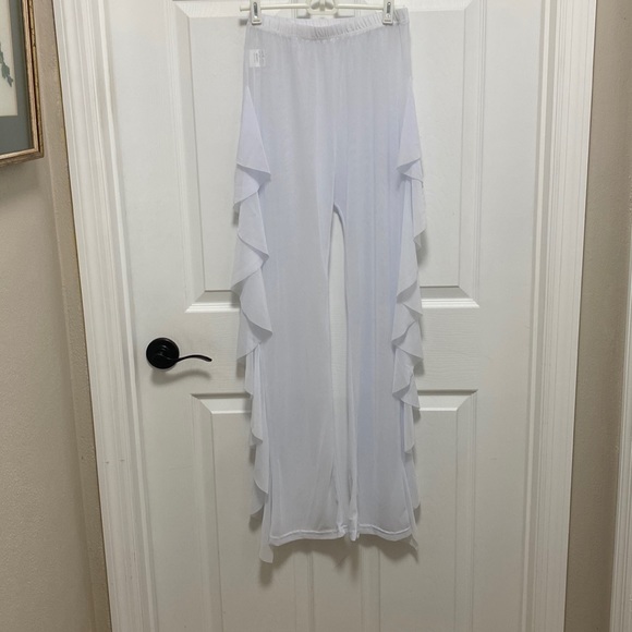 Source Unknown Pants - Sheer white long pants with side ruffles.   Size Med, 65% polyester 35 % cotton